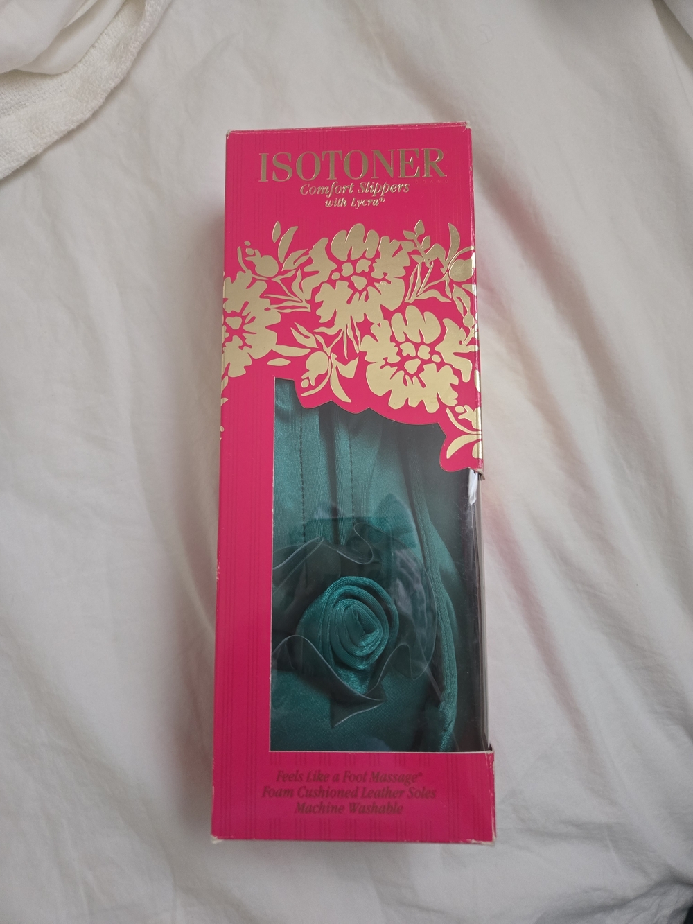Vintage isotoner Teal Satin Slippers with Rose Detail